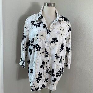 Chaps Womens Plus 2X Floral Button Up No Iron Shirt 3/4 Sleeve Blouse Top